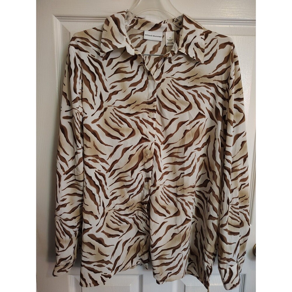 Alfred Dunner Women’s White/Brown Animal Print Chiffon Button-Front Shirt 16